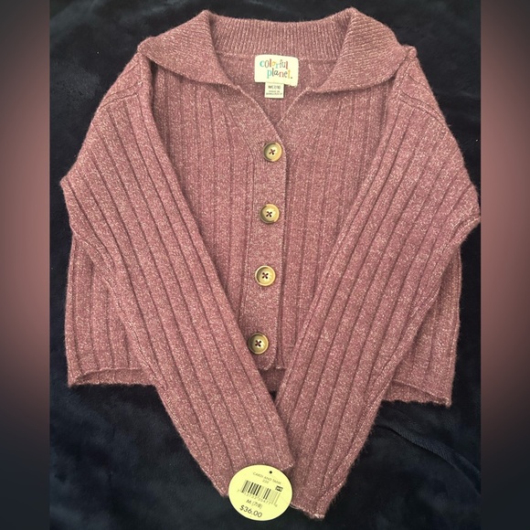 Colorful planet 2 piece set sweater cardigan and tank, size 7/8, purple - Picture 3 of 7